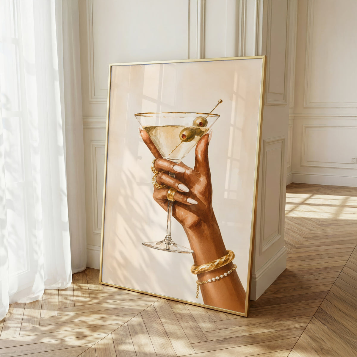 Martini Wall Art: Hand Holding Cocktail Glass, Feminine Bar Cart Decor, Chic Kitchen Printable