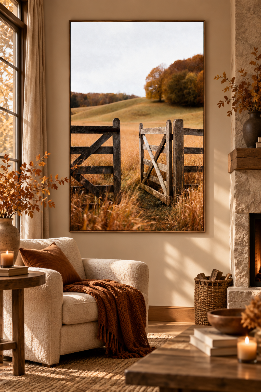Autumn Countryside Wall Art: Wooden Gate Meadow Landscape Photography Printable