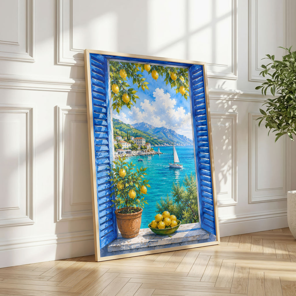 Mediterranean Window Wall Art Set of 3: Blue Shutters, Lemon Trees & Coastal Views Printable