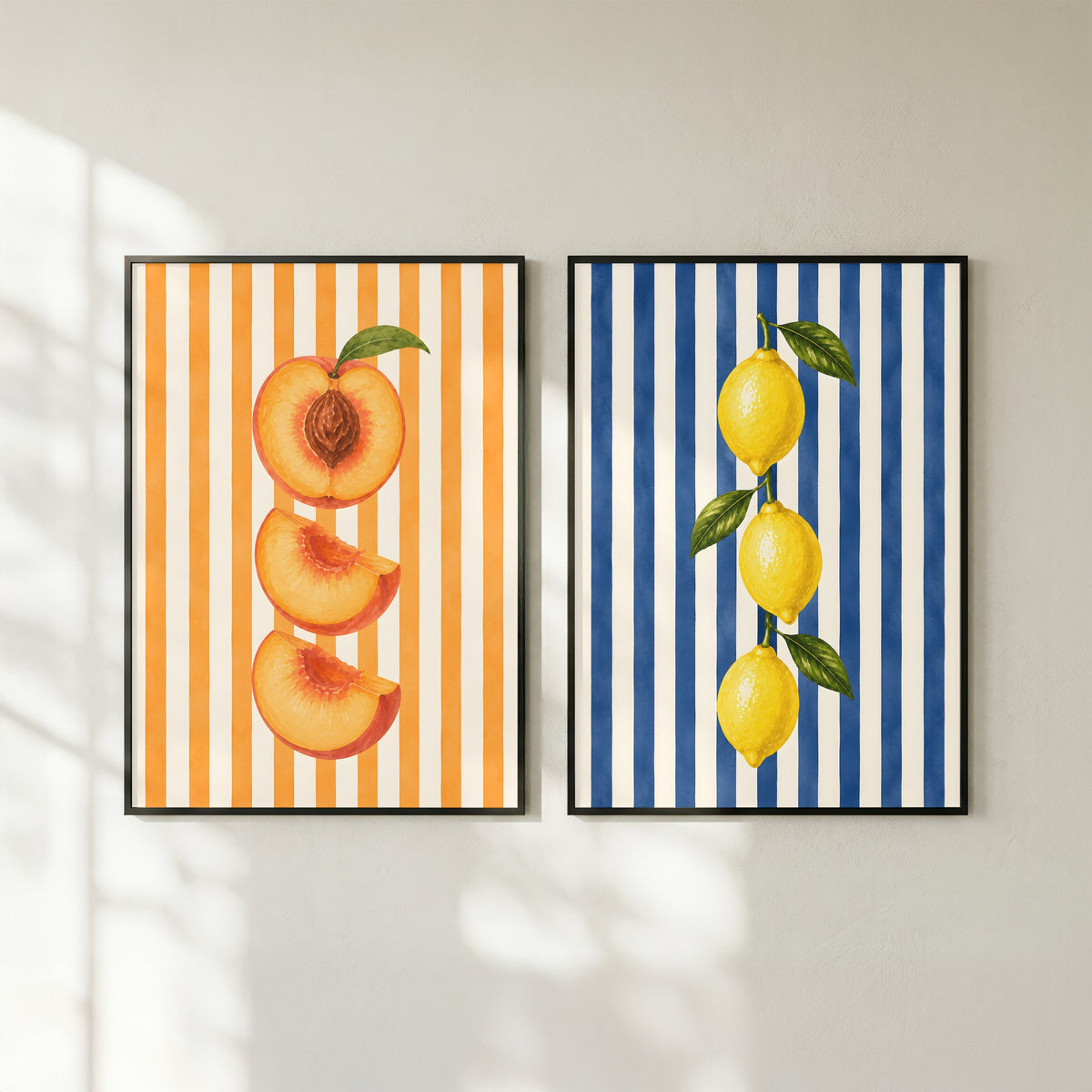 Striped Fruit Wall Art Set of 6: Colorful Modern Kitchen Decor, Lemon Cherry Printable
