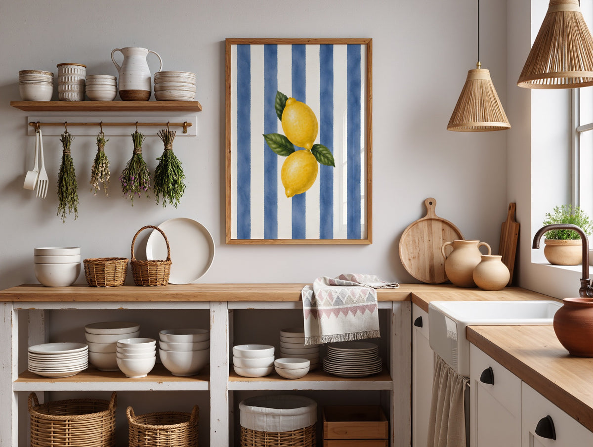 Lemon Wall Art: Blue Striped Citrus Art, Mediterranean Decor, Dining Room Printable