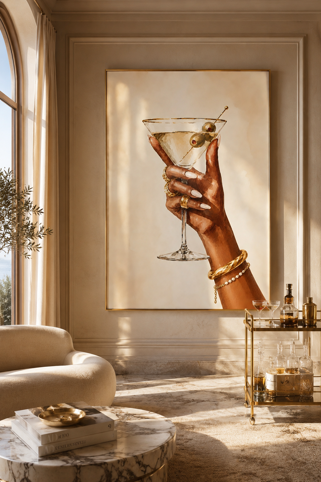 Martini Wall Art: Hand Holding Cocktail Glass, Feminine Bar Cart Decor, Chic Kitchen Printable