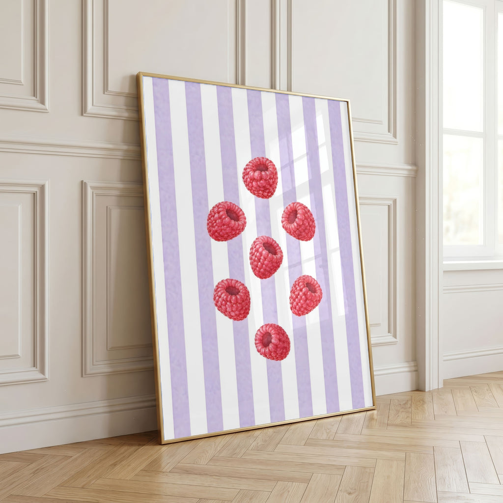 Striped Fruit Wall Art Set of 8: Colorful Kitchen Fruit Decor, Lemon Strawberry Cherry Printable