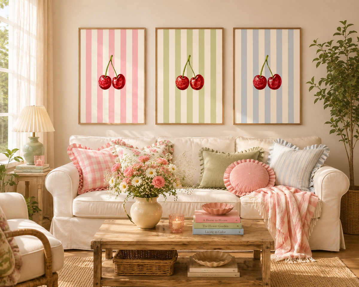 Cherry Wall Art Set of 3: Pastel Striped Bedroom Decor, Coquette Printable