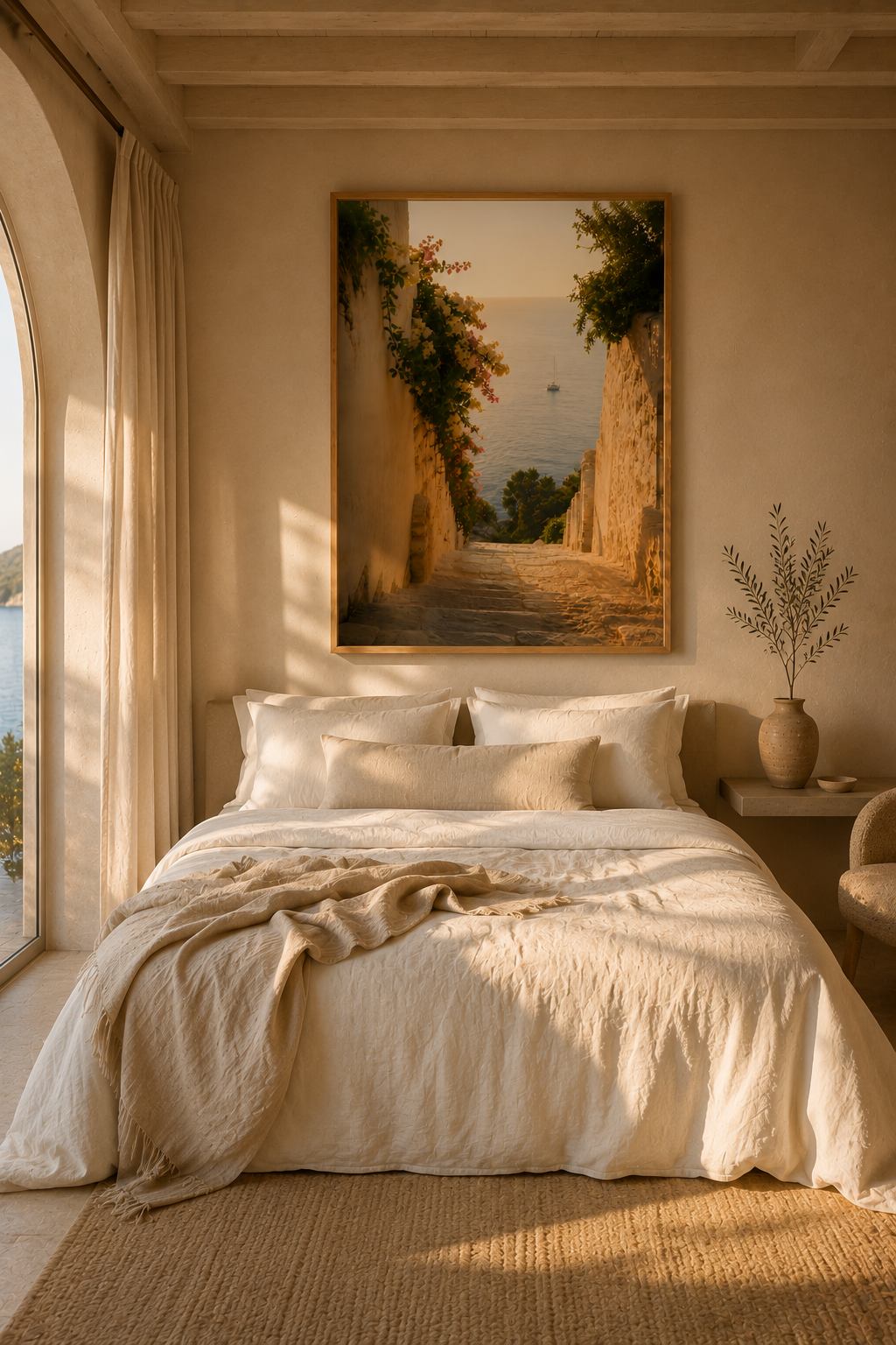 Sea View Wall Art: Mediterranean Bedroom Decor, Stairway Photography, Quiet Luxury Printable