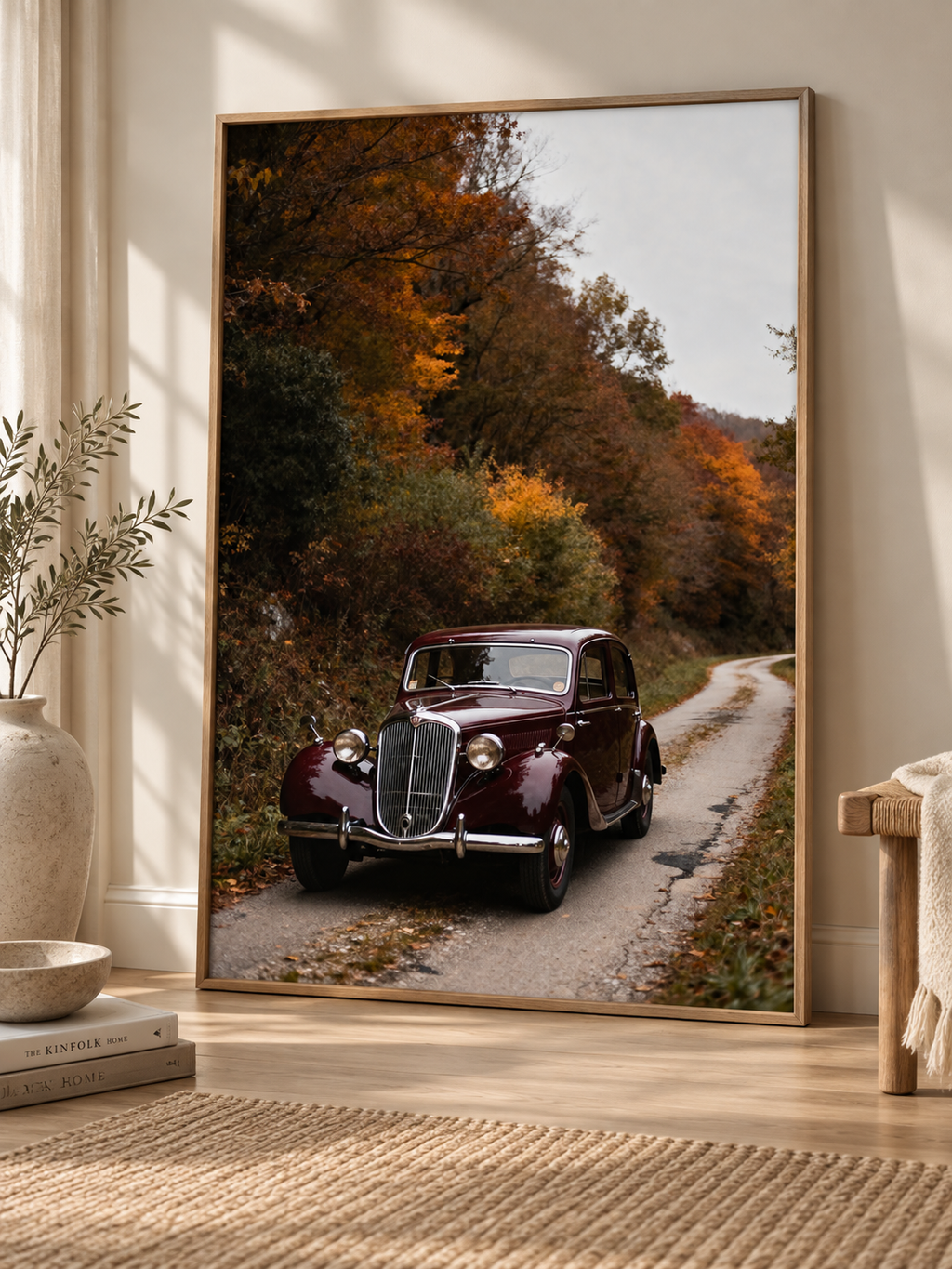 Vintage Car Wall Art: Burgundy Car on Autumn Country Road, Moody Fall Photography Printable