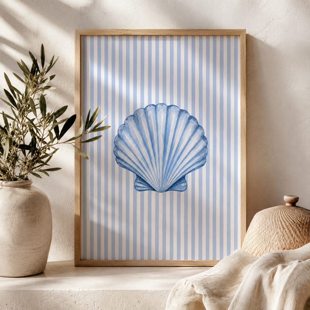 Coastal Seashell Wall Art Printable: Blue Striped Beach House Decor