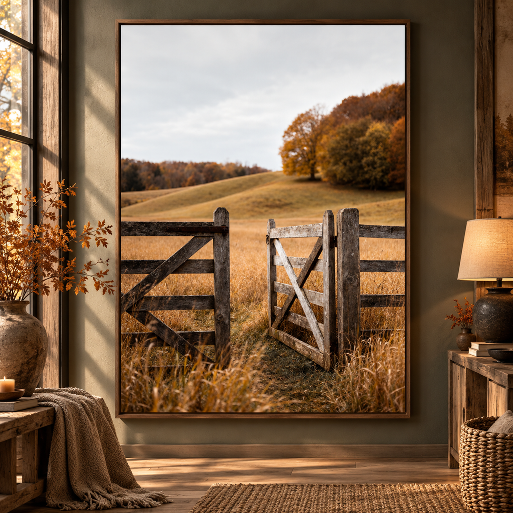 Autumn Countryside Wall Art: Wooden Gate Meadow Landscape Photography Printable