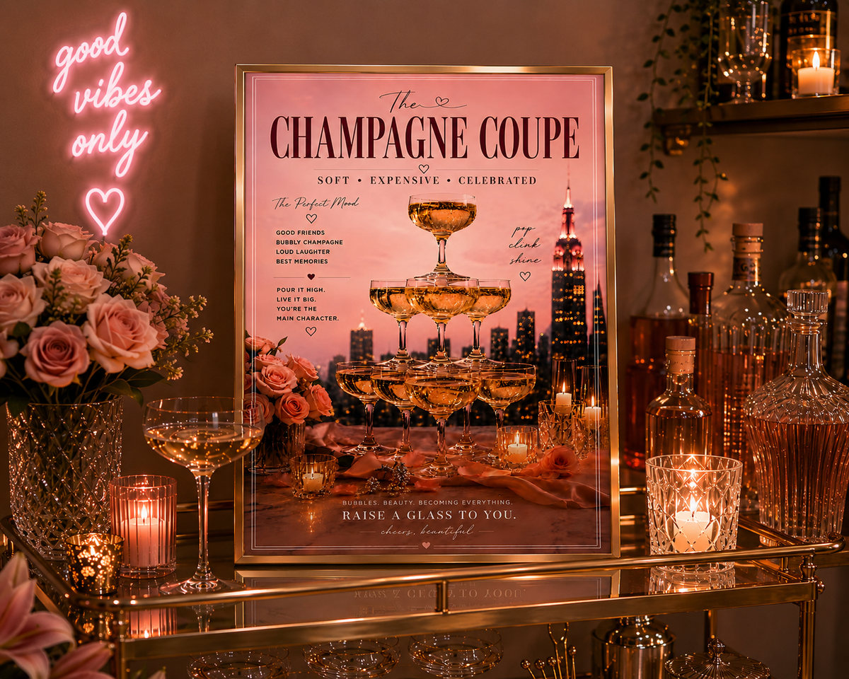 Pink Champagne Tower Cocktail Wall Art: Feminine Luxury Parisian Bar Cart Printable Poster