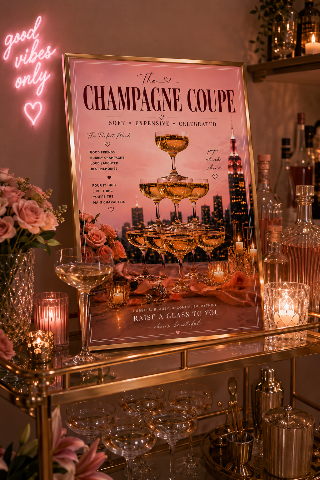 Pink Champagne Tower Cocktail Wall Art: Feminine Luxury Parisian Bar Cart Printable Poster