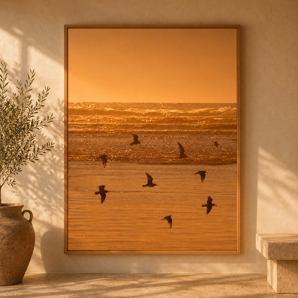 Sunset Wall Art: Golden Hour Beach Photography, Seagull Decor, Neutral Coastal Bedroom Printable