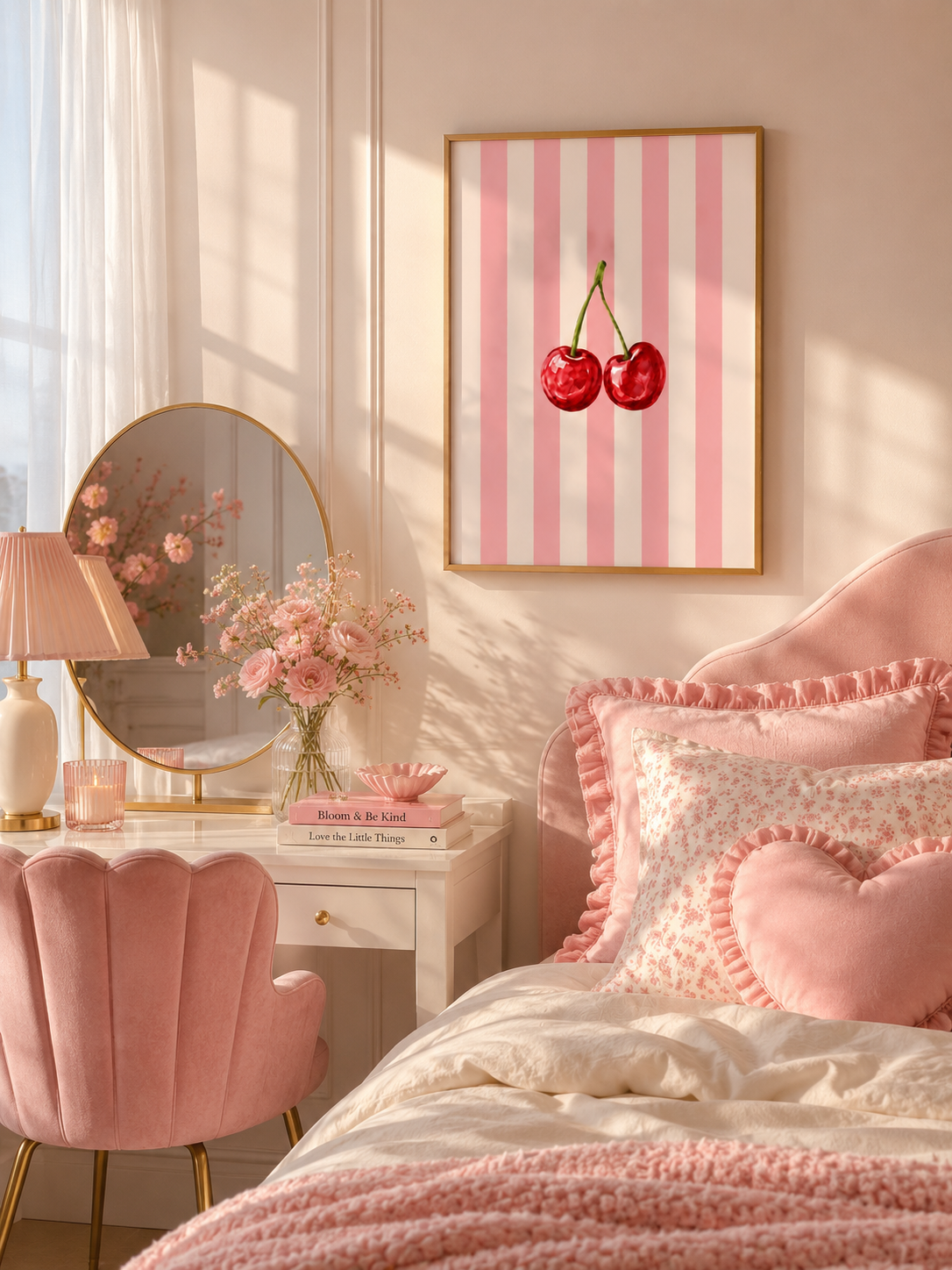 Cherry Wall Art Set of 3: Pastel Striped Bedroom Decor, Coquette Printable