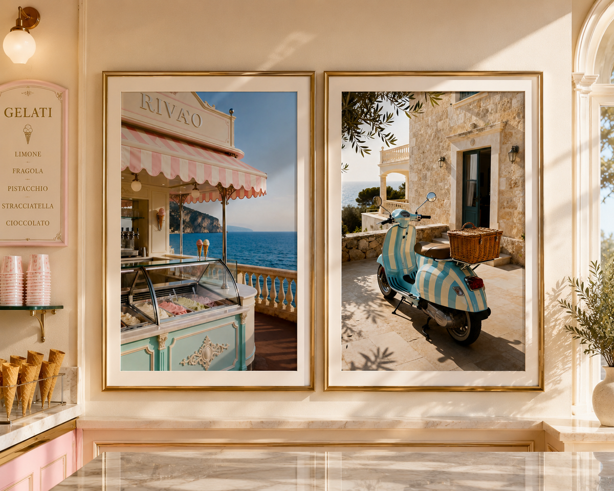 Italian Riviera Wall Art Set of 2: Vintage Scooter & Coastal Photography Printable