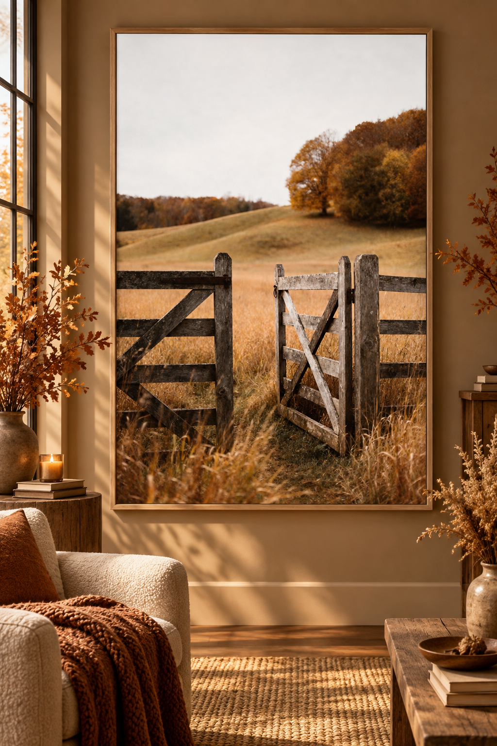 Autumn Countryside Wall Art: Wooden Gate Meadow Landscape Photography Printable