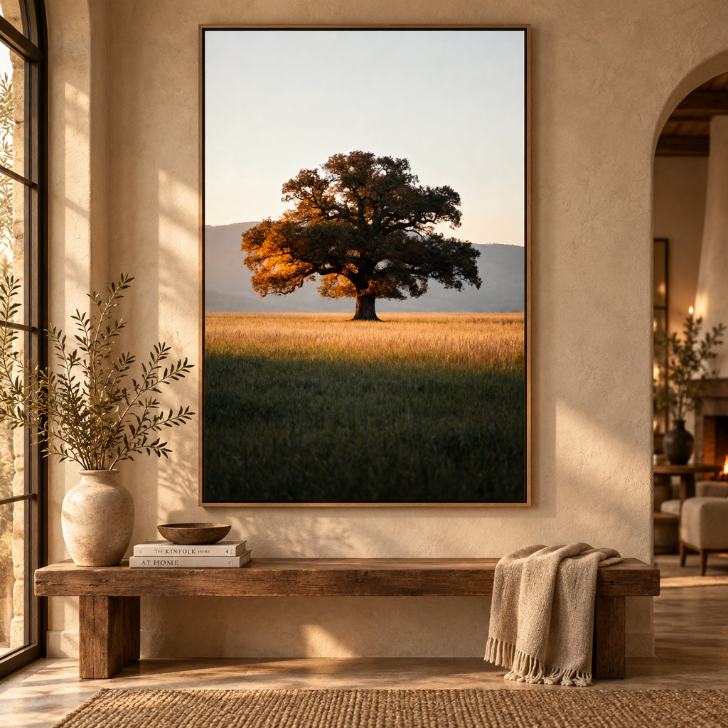 Oak Tree Wall Art: Autumn Countryside Landscape Photography, Golden Hour Nature Decor Printable