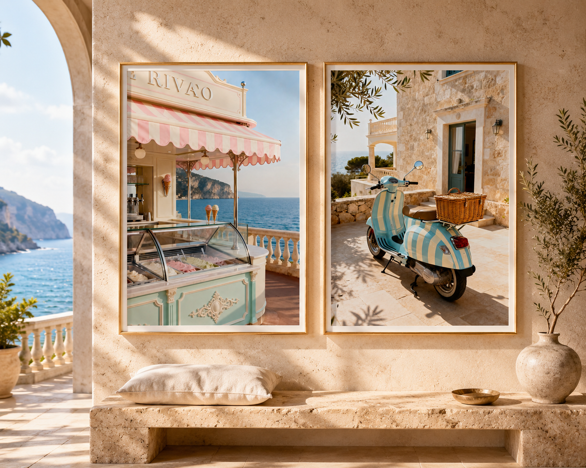 Italian Riviera Wall Art Set of 2: Vintage Scooter & Coastal Photography Printable