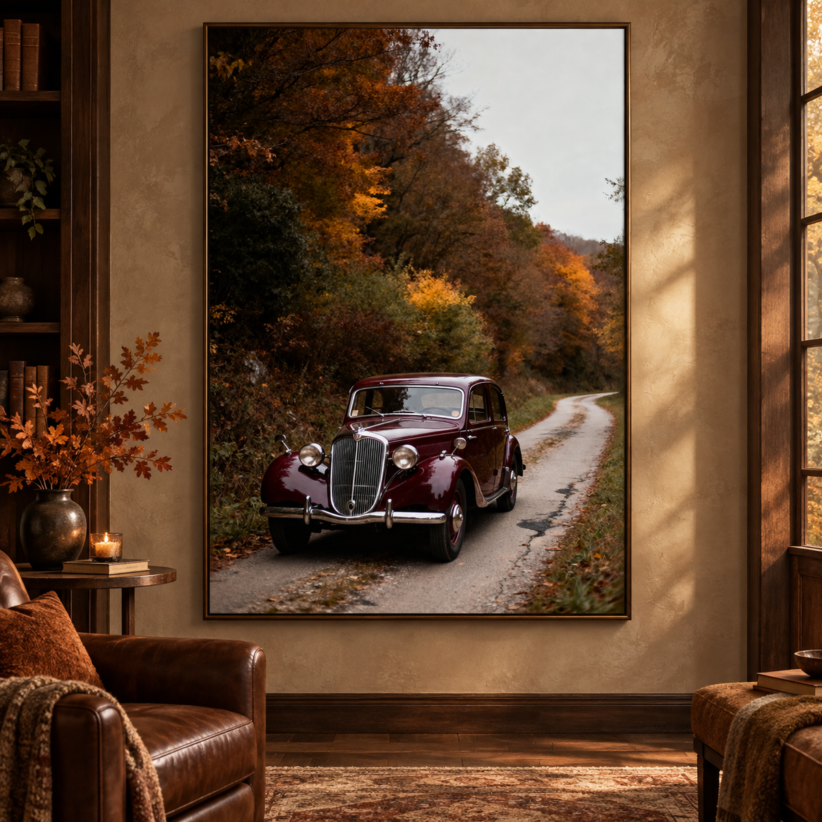 Vintage Car Wall Art: Burgundy Car on Autumn Country Road, Moody Fall Photography Printable