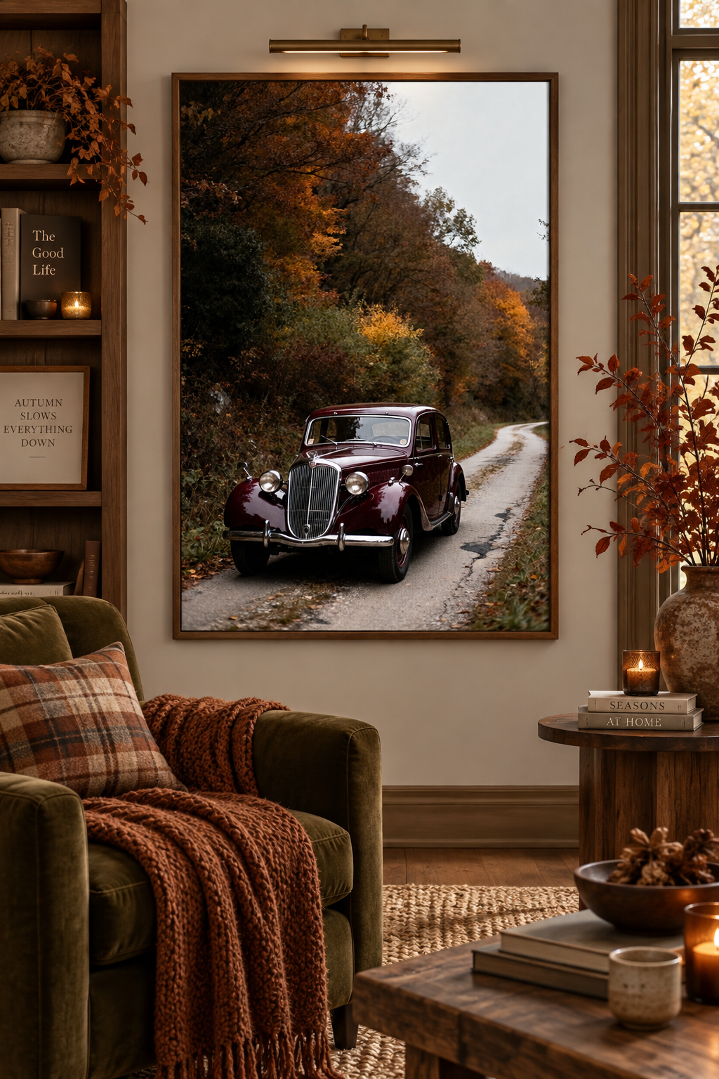 Vintage Car Wall Art: Burgundy Car on Autumn Country Road, Moody Fall Photography Printable