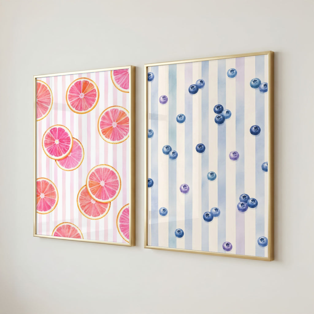 Striped Fruit Wall Art Set of 6: Mediterranean Kitchen Decor & Citrus Printable