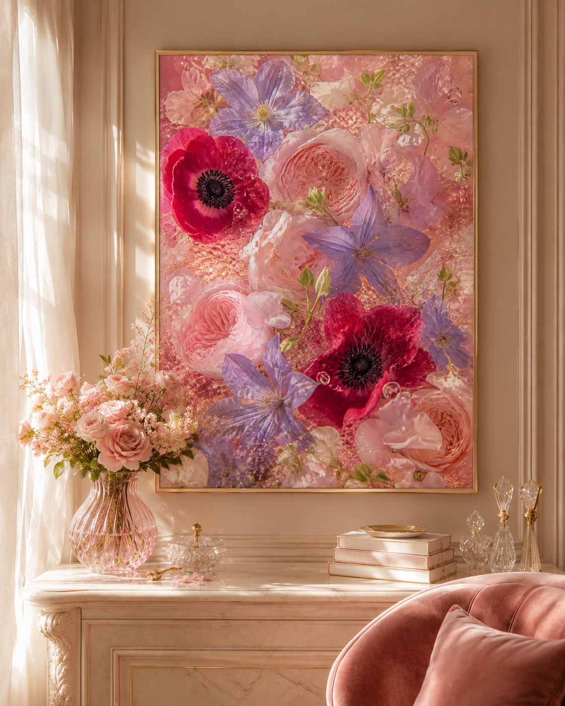 Pink Flower Wall Art: Romantic Anemone & Rose Photography, Feminine Bedroom Decor Printable