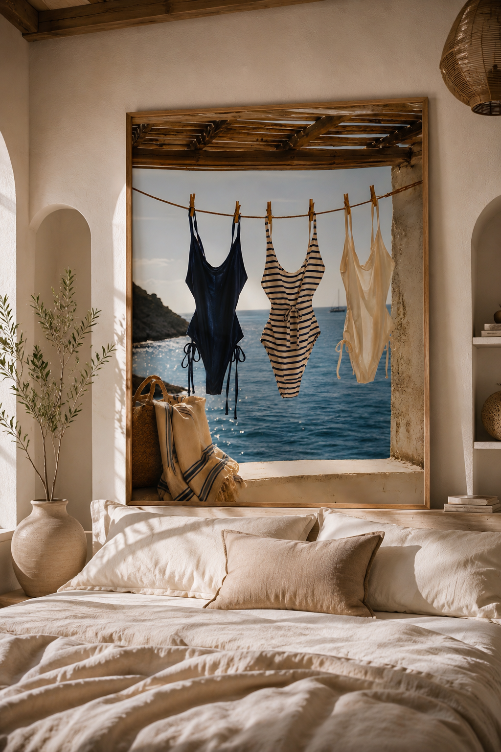 Coastal Swimsuit Wall Art: Hanging Bikini Photography, Mediterranean Summer Beach House Decor Printable