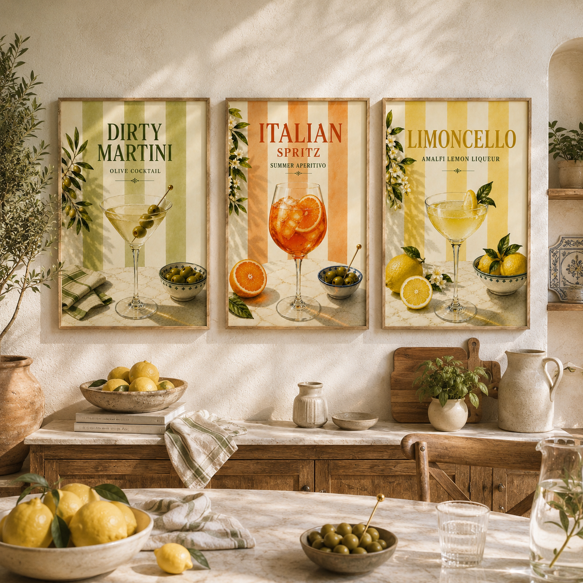 Mediterranean Cocktail Wall Art Set of 3: Italian Spritz, Limoncello & Dry Martini Printable