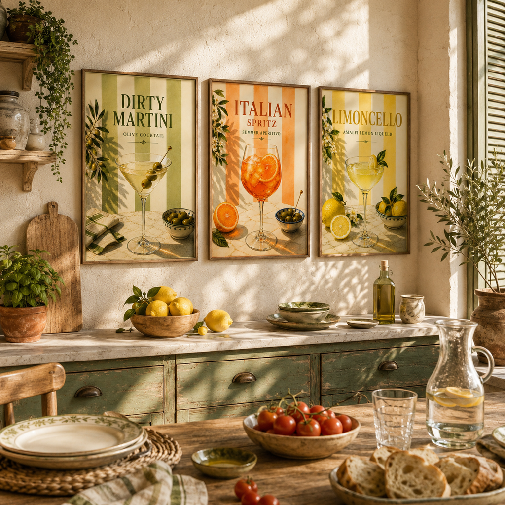 Mediterranean Cocktail Wall Art Set of 3: Italian Spritz, Limoncello & Dry Martini Printable