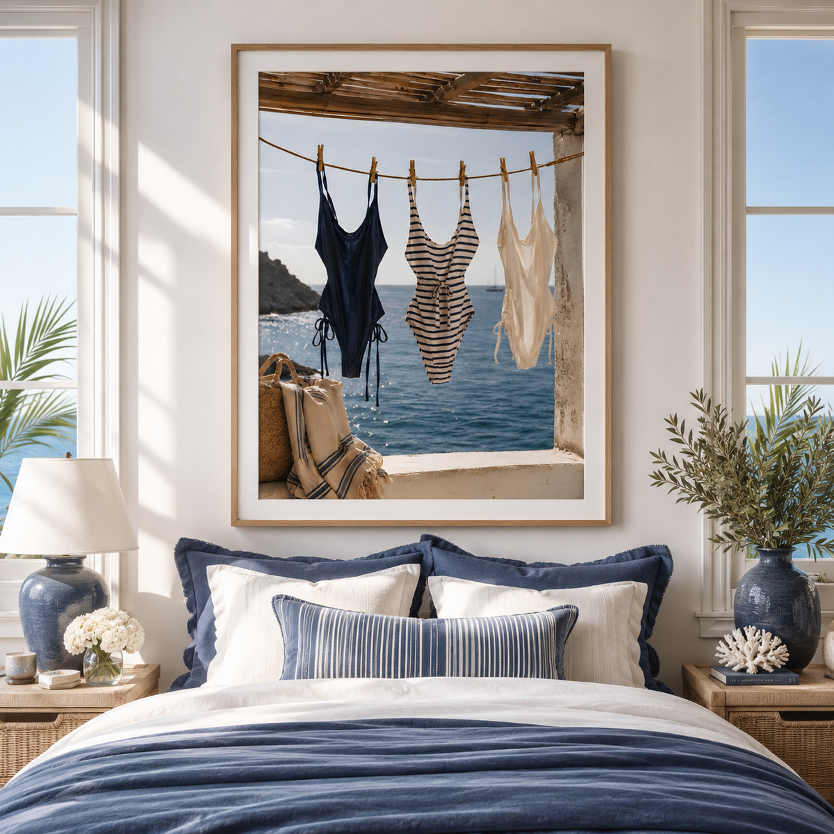Coastal Swimsuit Wall Art: Hanging Bikini Photography, Mediterranean Summer Beach House Decor Printable
