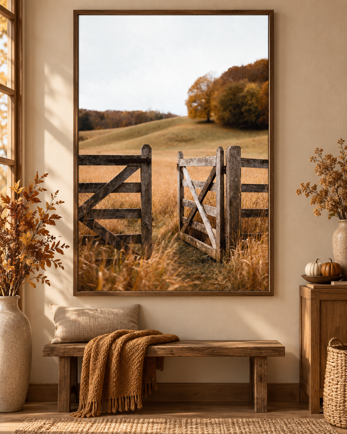Autumn Countryside Wall Art: Wooden Gate Meadow Landscape Photography Printable