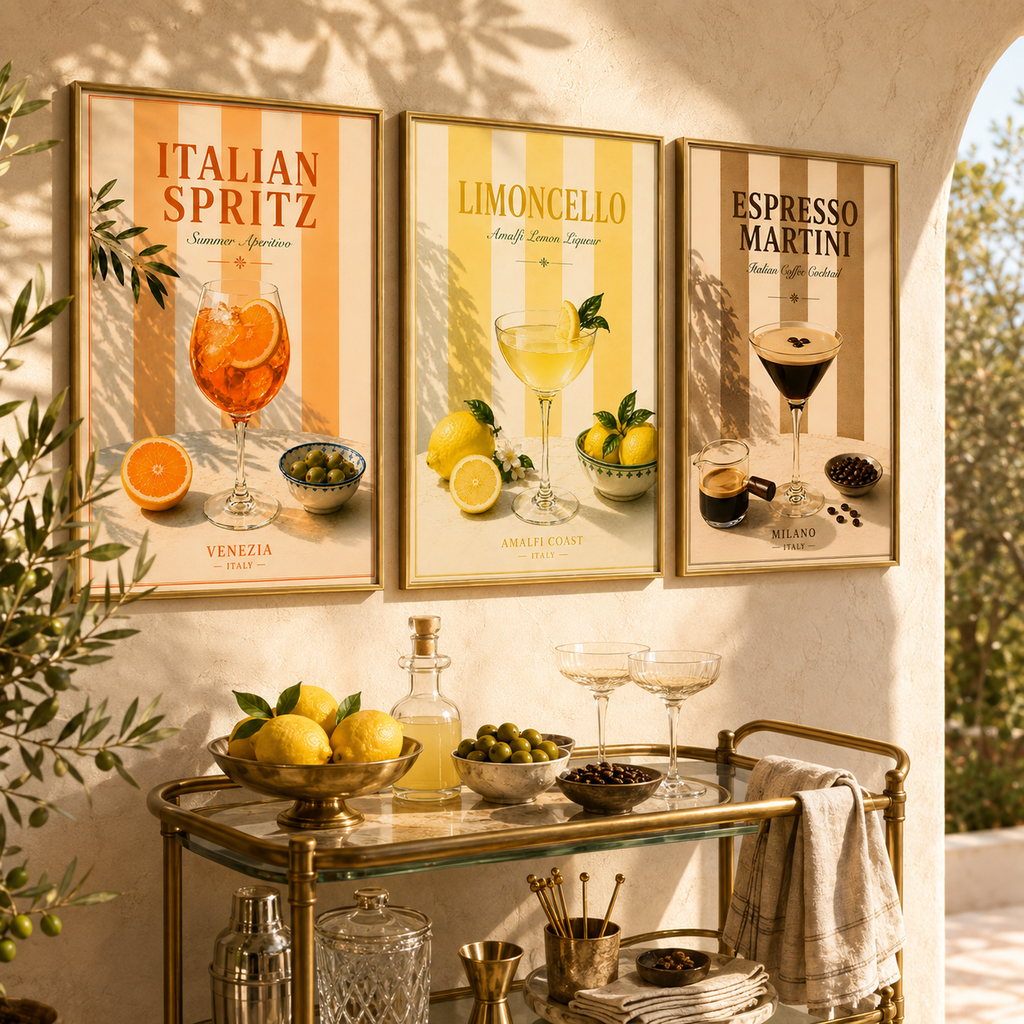 Mediterranean Cocktail Wall Art Set of 3: Italian Spritz, Limoncello & Espresso Martini Printable