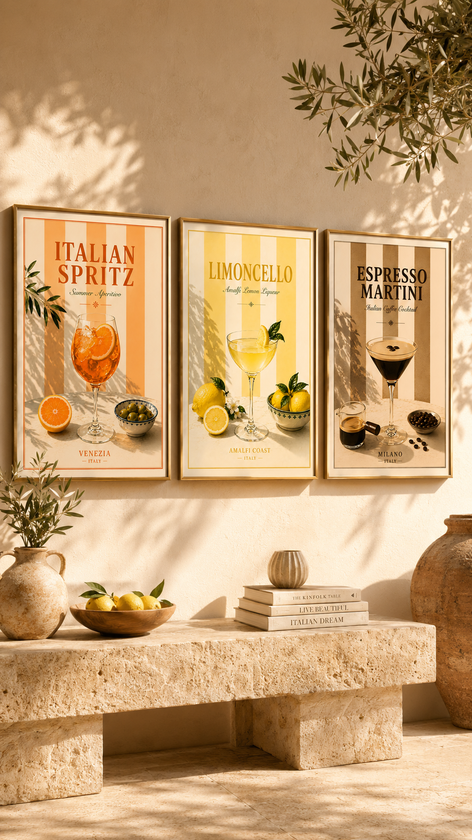 Mediterranean Cocktail Wall Art Set of 3: Italian Spritz, Limoncello & Espresso Martini Printable