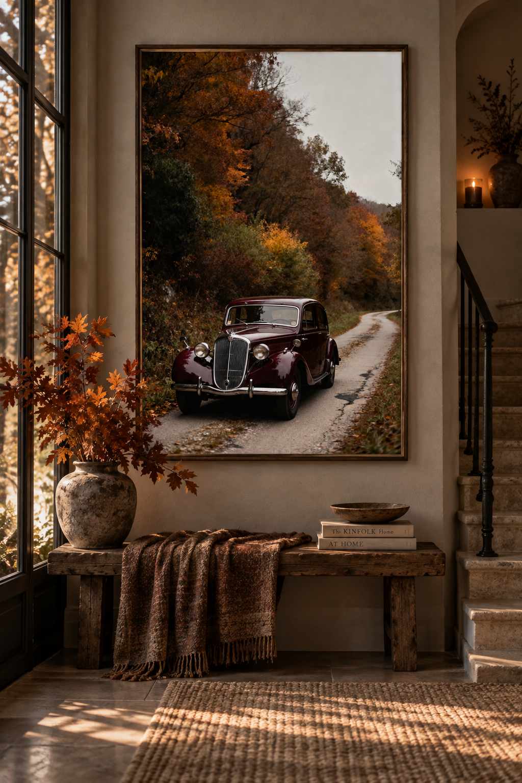 Vintage Car Wall Art: Burgundy Car on Autumn Country Road, Moody Fall Photography Printable