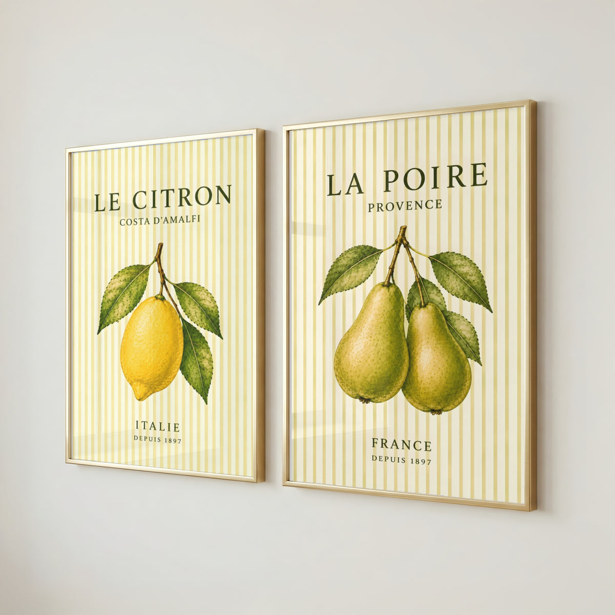 Mediterranean Striped Fruit Wall Art Set of 3: Lemon Pear Olive Printable