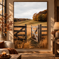 Autumn Countryside Wall Art: Wooden Gate Meadow Landscape Photography Printable