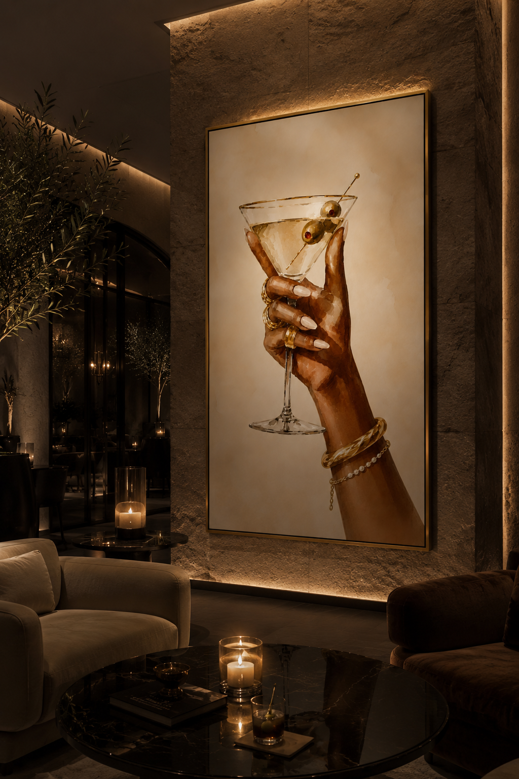 Martini Wall Art: Hand Holding Cocktail Glass, Feminine Bar Cart Decor, Chic Kitchen Printable