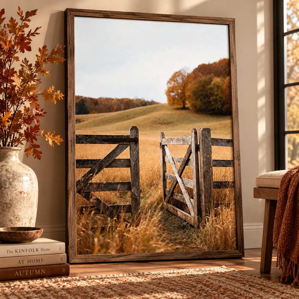 Autumn Countryside Wall Art: Wooden Gate Meadow Landscape Photography Printable