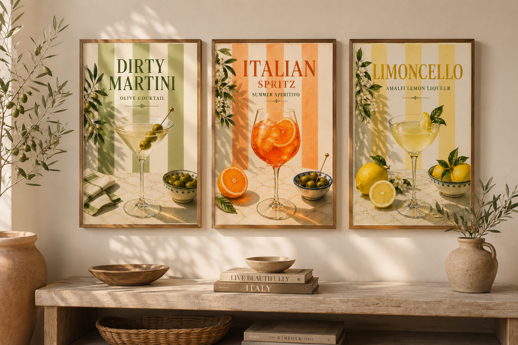 Mediterranean Cocktail Wall Art Set of 3: Italian Spritz, Limoncello & Dry Martini Printable