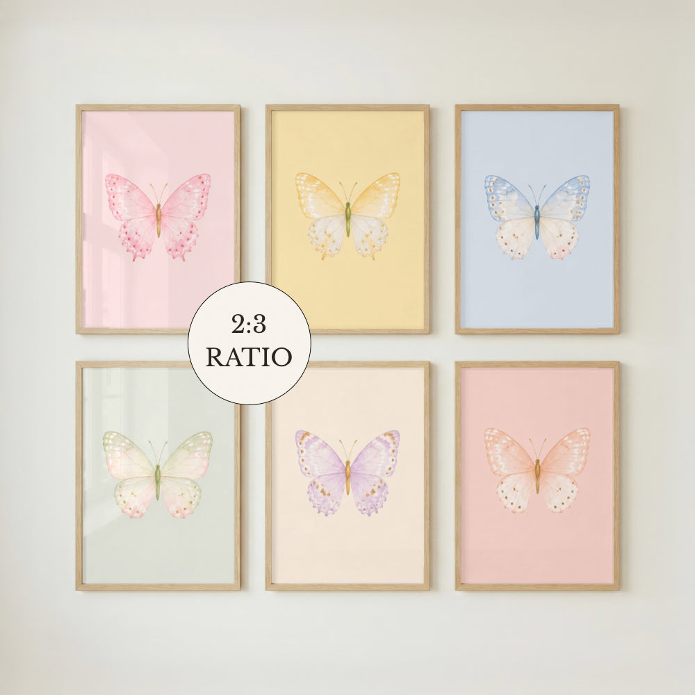 Pastel Butterfly Wall Art Set of 6: Nursery Decor Printable, Watercolor Kids Bedroom