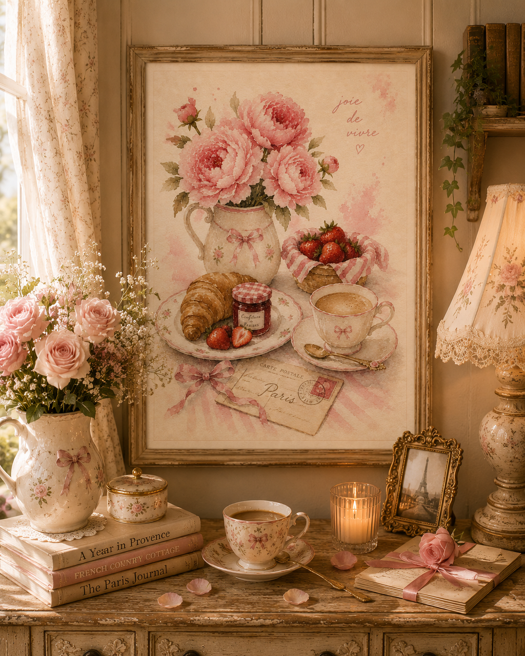 Parisian Romance Wall Art Set of 4: Feminine French Café Printable Collection