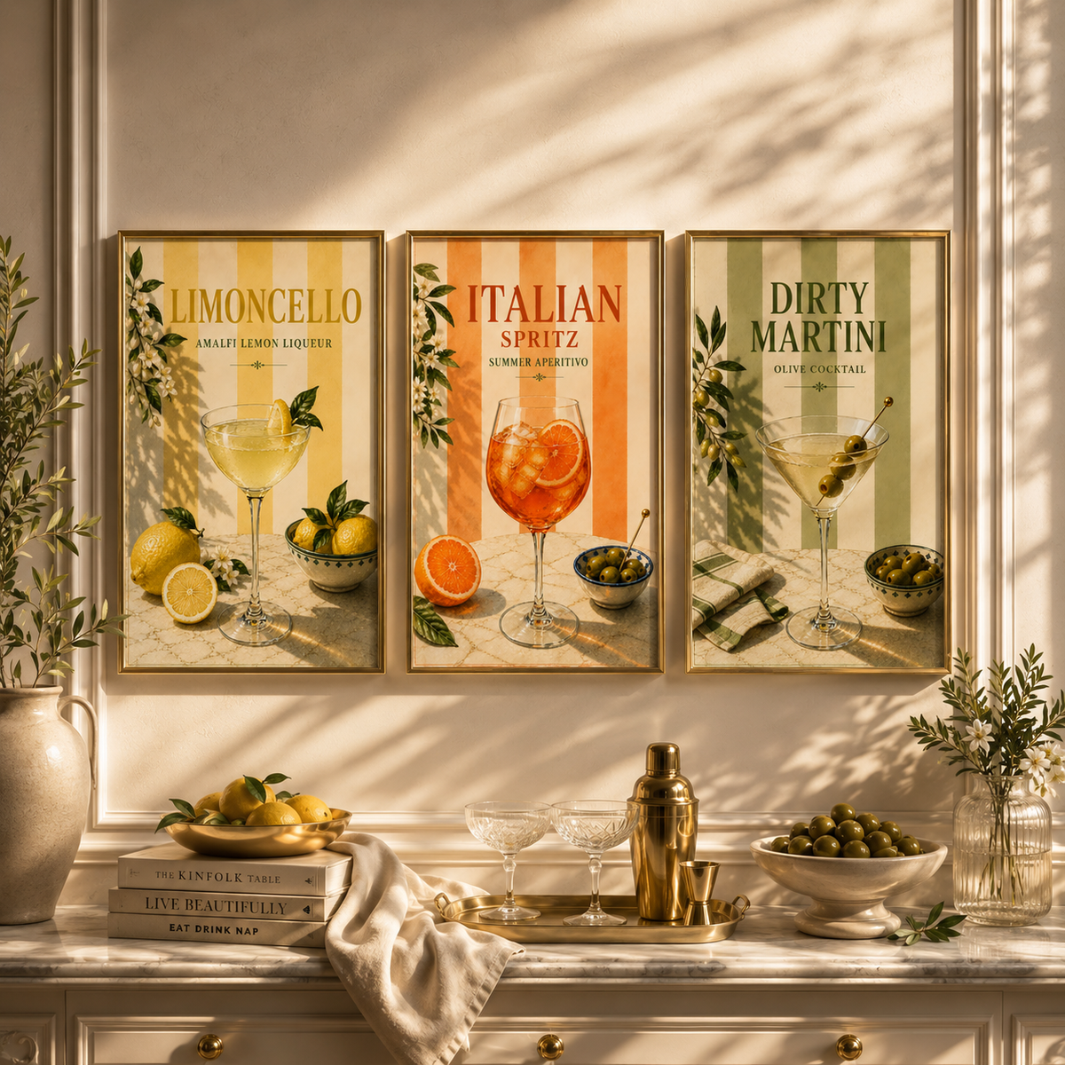 Mediterranean Cocktail Wall Art Set of 3: Italian Spritz, Limoncello & Dry Martini Printable