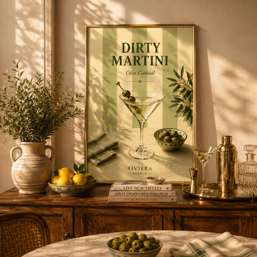 Dirty Martini Cocktail Wall Art: Mediterranean Bar Cart Decor Printable