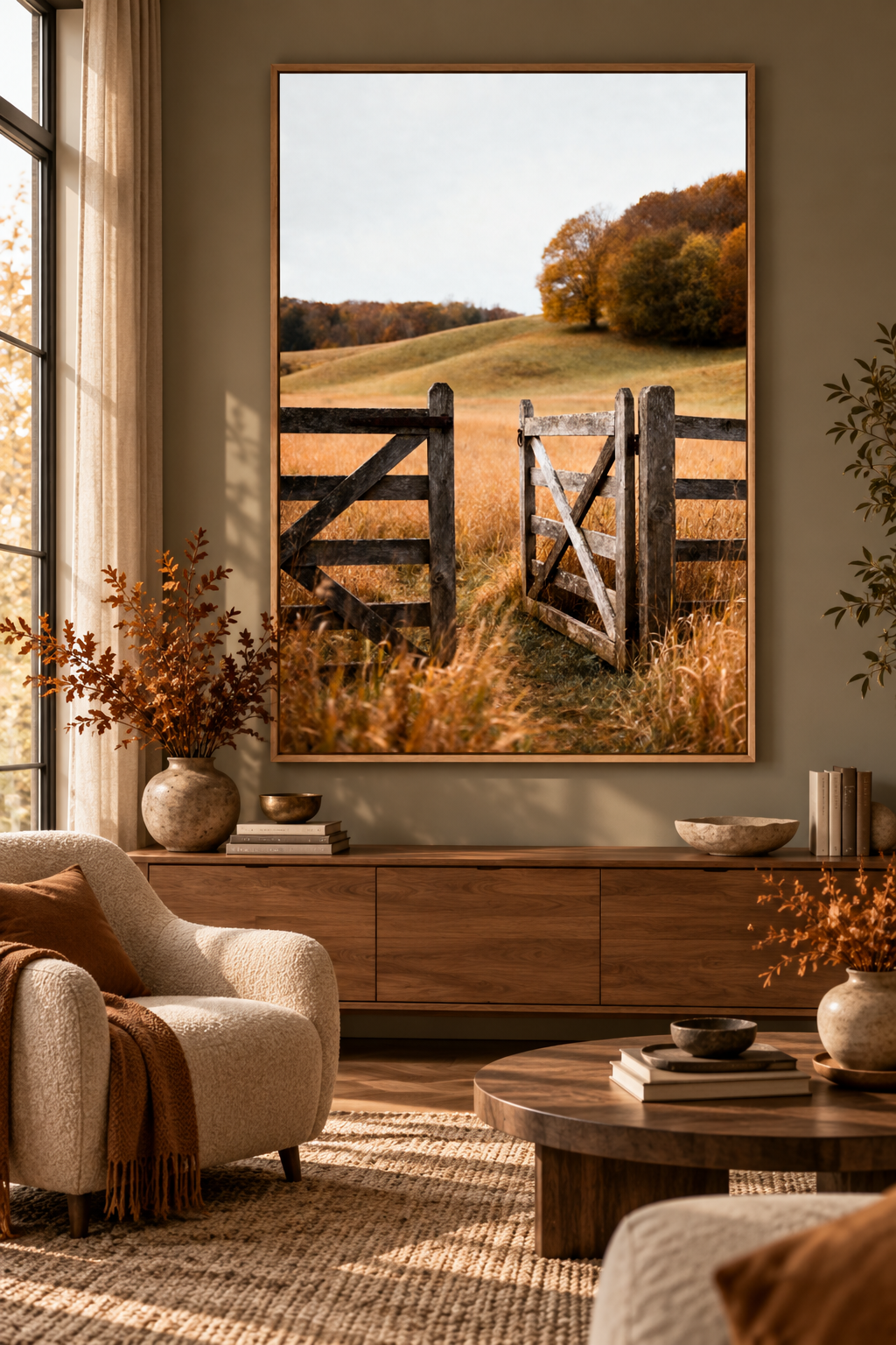 Autumn Countryside Wall Art: Wooden Gate Meadow Landscape Photography Printable