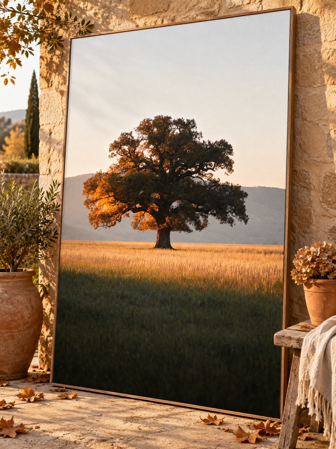 Oak Tree Wall Art: Autumn Countryside Landscape Photography, Golden Hour Nature Decor Printable