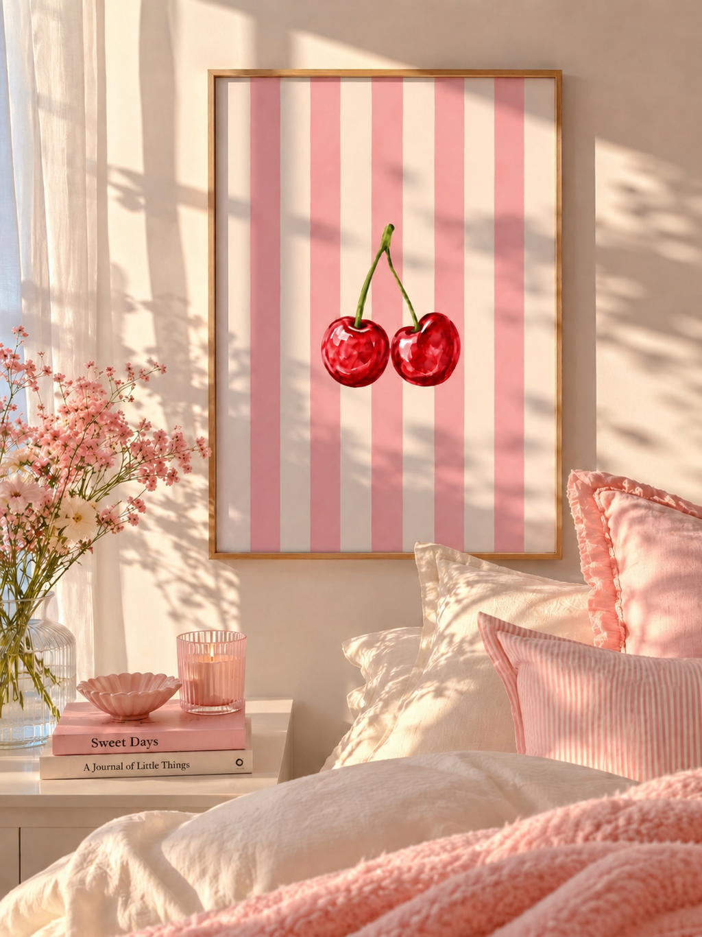 Cherry Wall Art Set of 3: Pastel Striped Bedroom Decor, Coquette Printable