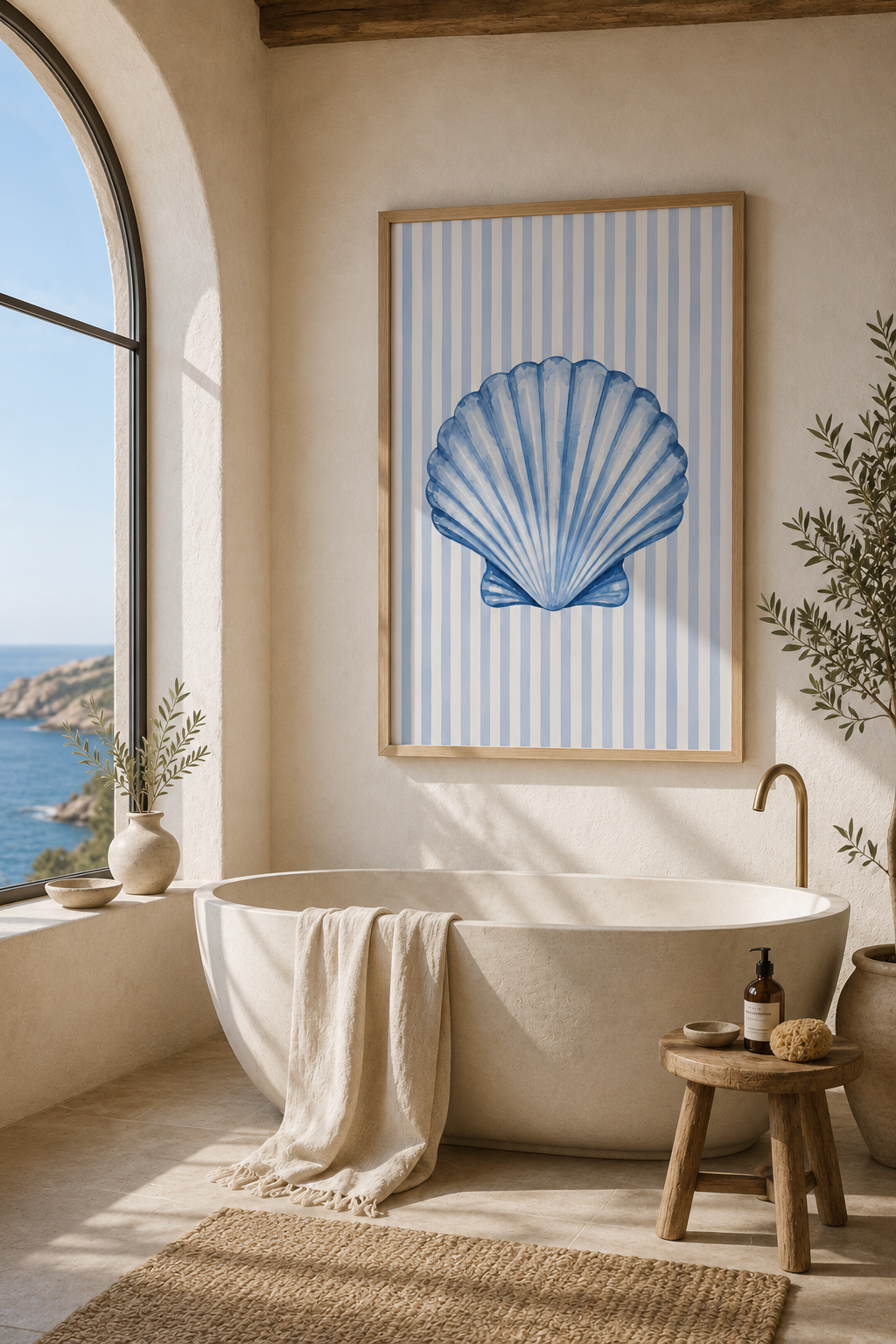 Coastal Seashell Wall Art Printable: Blue Striped Beach House Decor