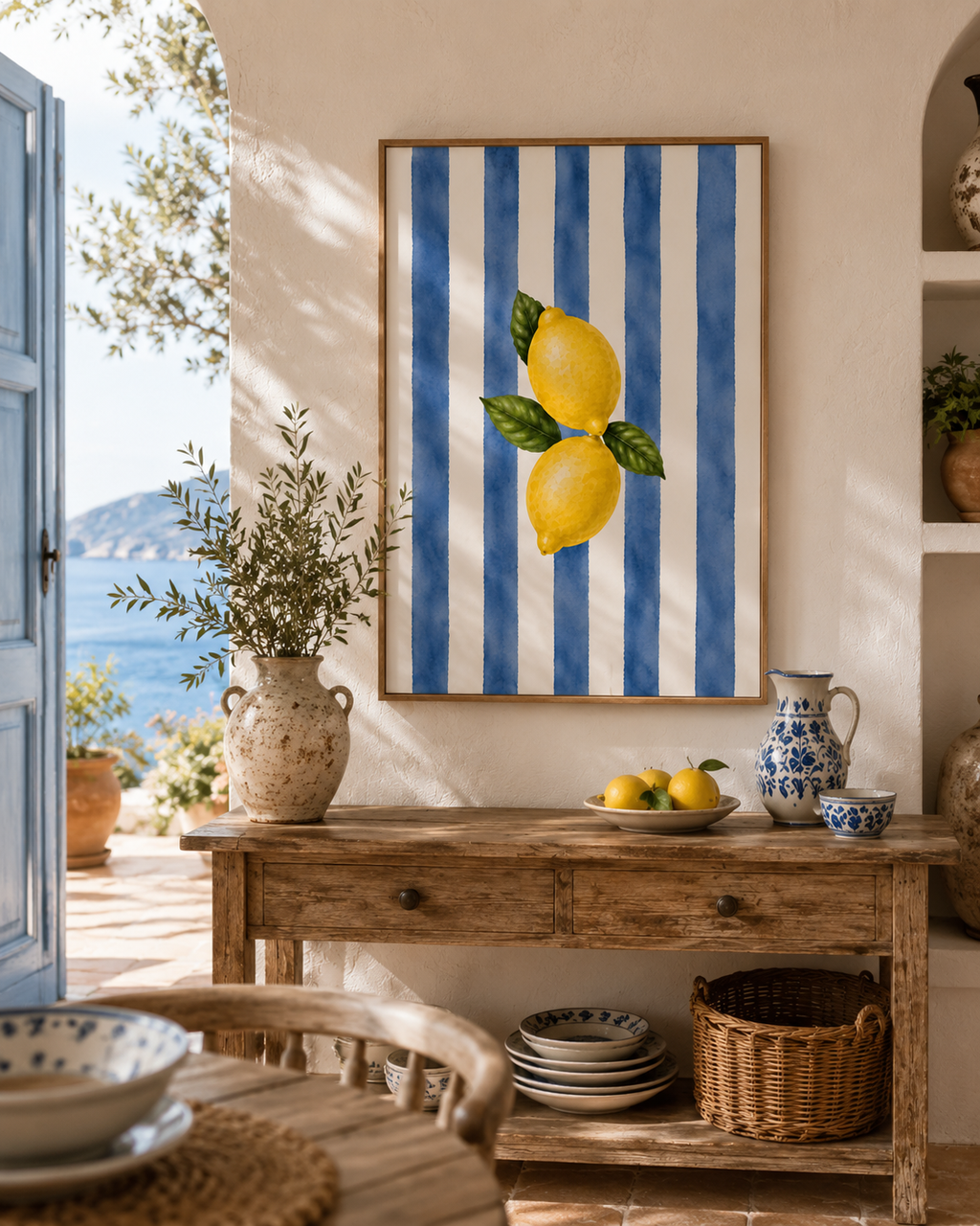 Lemon Wall Art: Blue Striped Citrus Art, Mediterranean Decor, Dining Room Printable