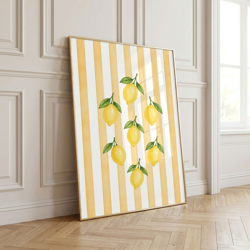 Striped Fruit Wall Art Set of 8: Colorful Kitchen Fruit Decor, Lemon Strawberry Cherry Printable