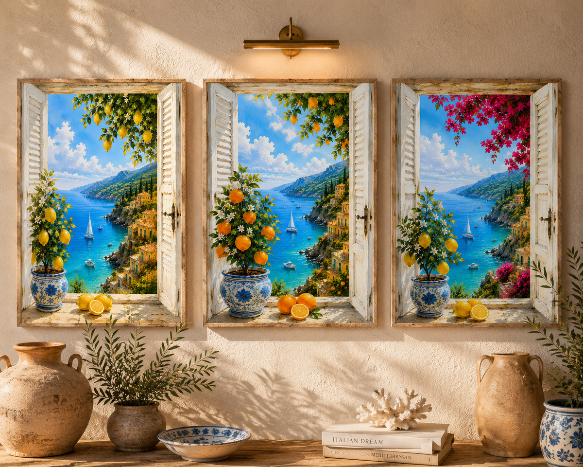 Mediterranean Window Wall Art Set of 3: Amalfi Coast Lemon Trees & Coastal Views Printable
