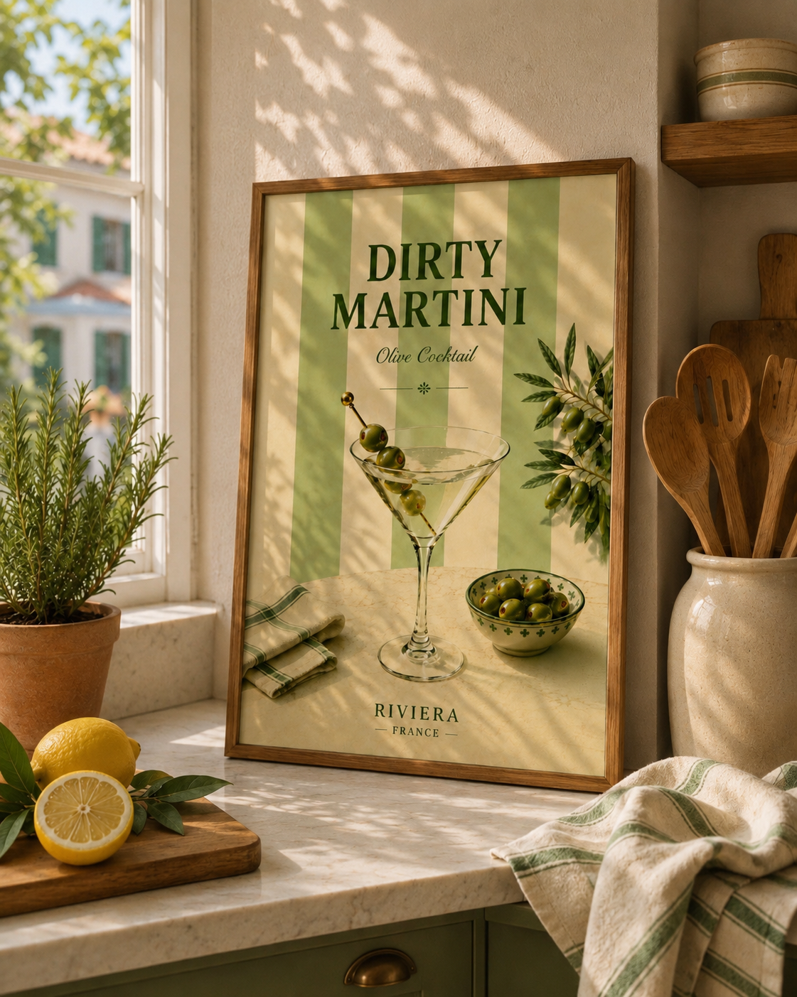 Dirty Martini Cocktail Wall Art: Mediterranean Bar Cart Decor Printable