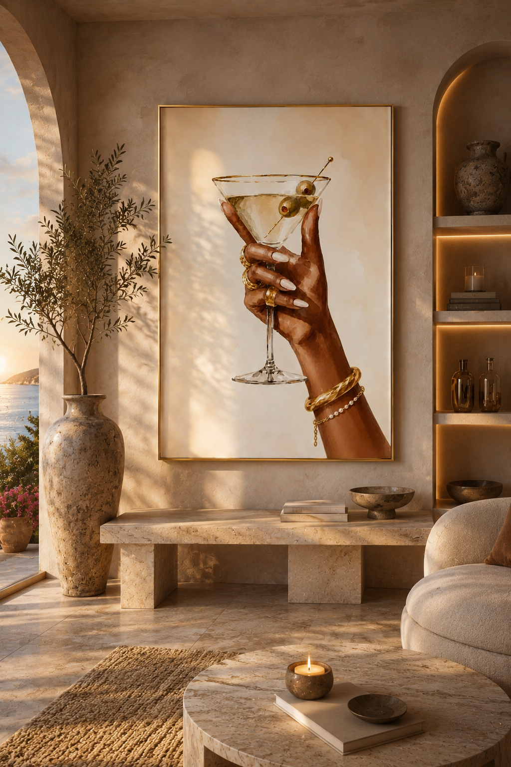 Martini Wall Art: Hand Holding Cocktail Glass, Feminine Bar Cart Decor, Chic Kitchen Printable
